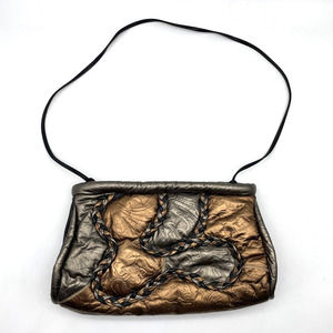 Vintage 80s Metallic Floral Embossed Patchwork Genuine Leather Shoulder Bag